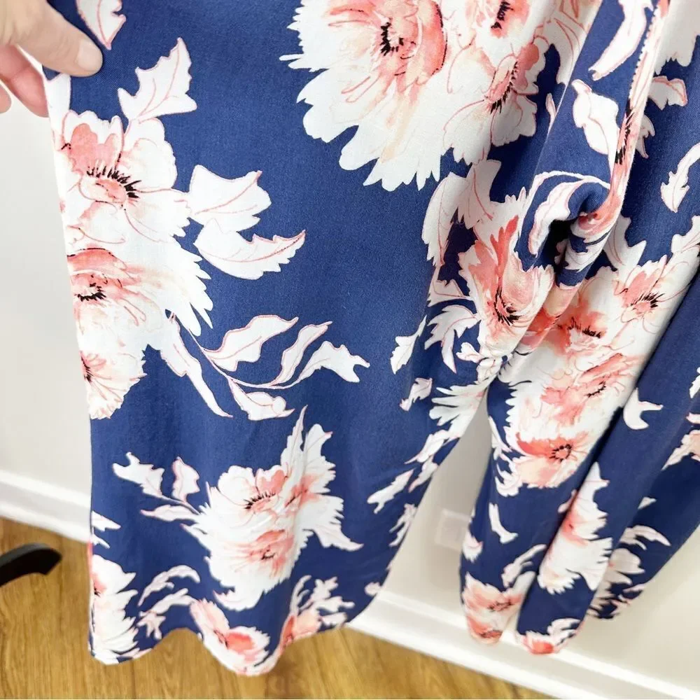 Aqua Smocked Top Blue‎ Floral Wide Cropped Leg Jumpsuit M - Picture 11 of 12